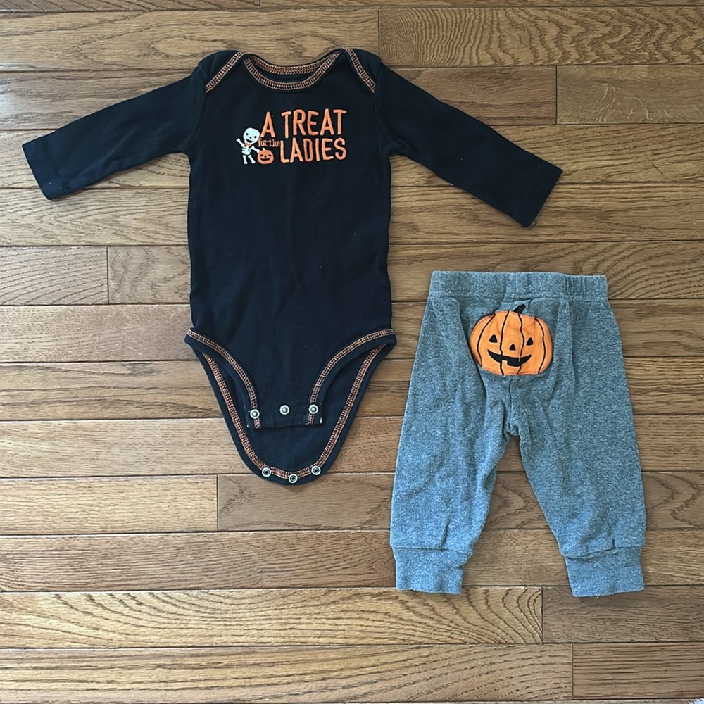 🎃 CARTER’S Black and Orange Halloween onesie and pants size 6 months gray baby